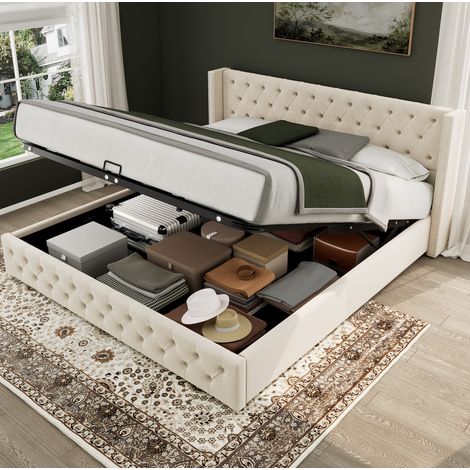 MEUBLIV Polsterbett 140x200 cm Beige Samt mit hydraulischem Bettkasten, ohne Matratze (1/5)