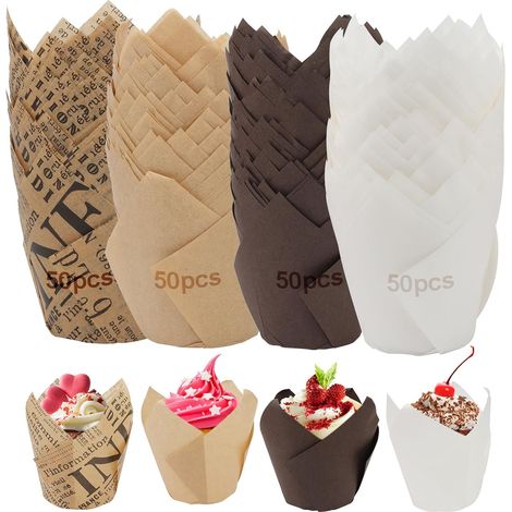 200 Caissettes à Cupcakes Tulipe en Papier, Moules à Muffins Résistants à 230°C, 4 Couleurs, pour Pâtisserie, Fêtes, Anniversaires, Noël (1/5)