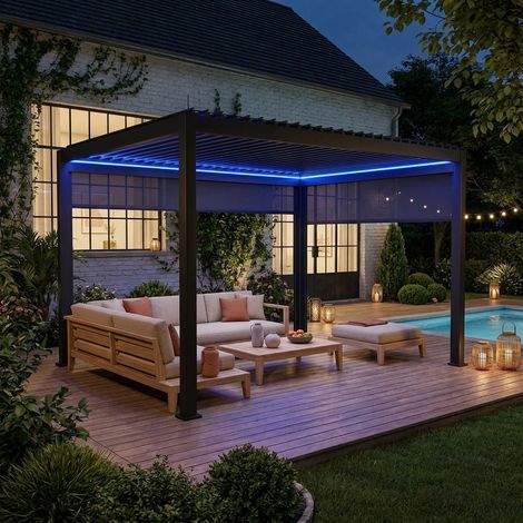 Pergola bioclimatique électrique 3x4m. aluminium. à lames orientables avec éclairage LED + store 3m + store 4m (1/5)