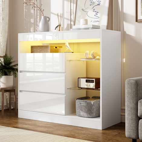 Buffet bas - 90 x 35 x 80 cm - trois tiroirs, étagères en verre, éclairage led usb contrôlé par application - style moderne laqué brillant - mdf, panneau de particules - blanc (1/5)