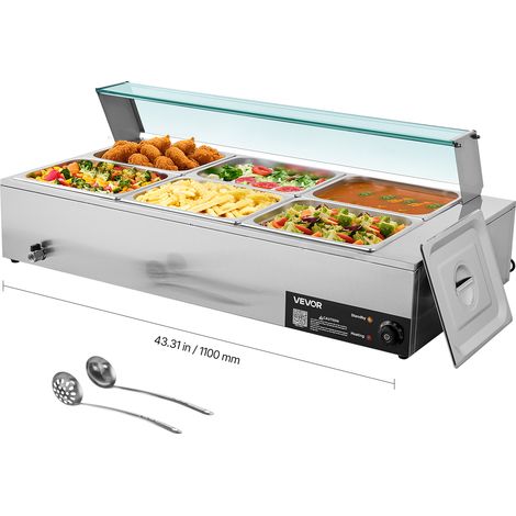 VEVOR Calentador de Alimentos 1500 W Electrico, Acero Inoxidable, con Vapor y Tapa de Cristal, 6 Bandejas de 1/2, para Bufe, Baño María con Cucharones para Sopa y Perforados, 1100 x 570 x 385 mm (1/5)