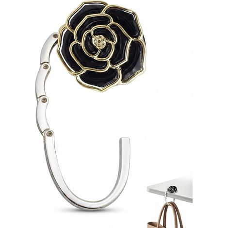 Gancio pieghevole per borsa da tavolo - Design con rosa nera, metallo antiscivolo. Chiusura sicura ed elegante per donna, ufficio e viaggi. (1/5)