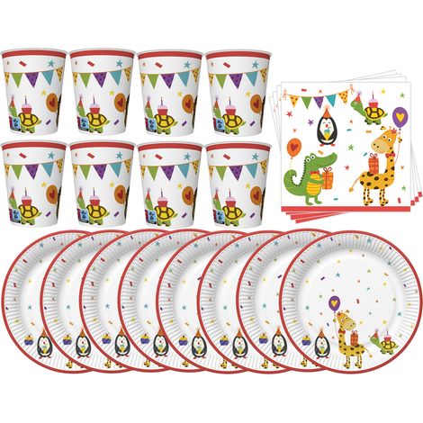 Juego de platos, vasos y servilletas para fiesta con temática de animales. (1/4)