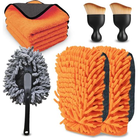 Kit de nettoyage auto 8 pièces : serviettes de lavage + gant de lavage + brosse de nettoyage + brosse à poussière — Kit complet d’outils de nettoyage auto (Orange) (1/3)