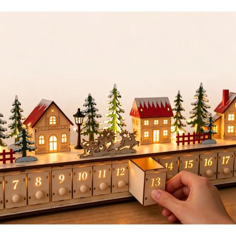 Calendrier de l'Avent de Noël Village en bois avec LED, 24 tiroirs, décoration de table de Noël, cadeau de Noël (1/5)