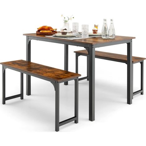 COSTWAY Esstisch mit 2 Bänken, Küchentisch für 2-4 Personen mit rostfreiem Metallrahmen, Esstisch Set 3-teilig für Küche, Wohnzimmer, Esszimmer (1/5)
