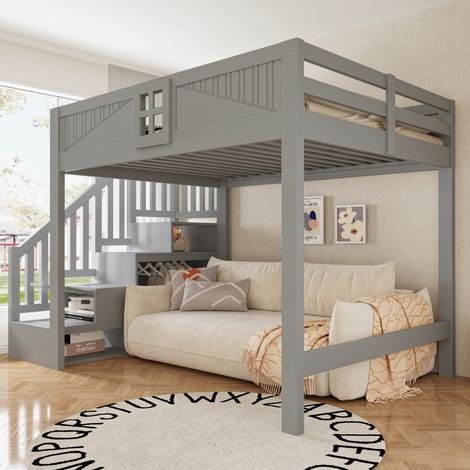 Letto a soppalco 140x200 cm in legno massello con scala contenitore reversibile e barriera di sicurezza, stile moderno per adulti e bambini - Grigio (1/5)