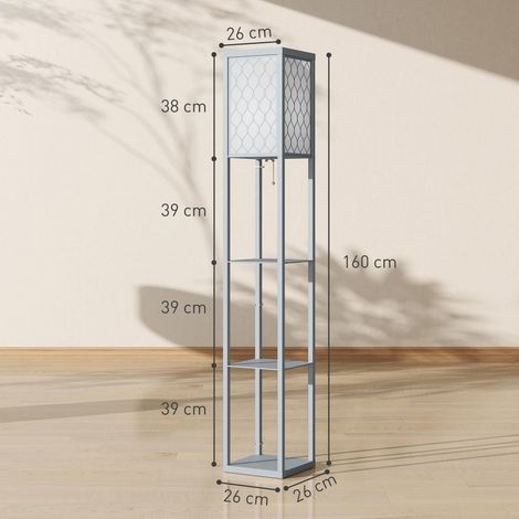 Lampadaire avec étagères, lampadaire sur pied de salon 3 niveaux, interrupteur à tirette 26 x 26 x 160 cm, gris et blanc (1/5)