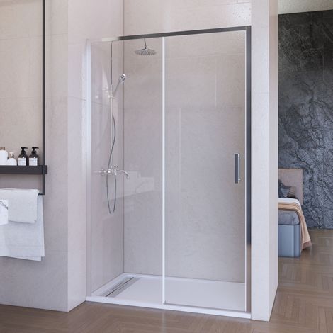 Mampara de ducha frontal corredera 165 cm 1 puerta + 1 fijo Plata cromo Cristal transparente 6 mm 195 cm altura