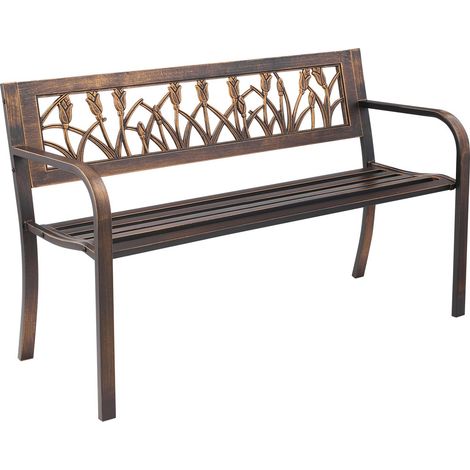 Banc de jardin, 127 cm, banquette extérieur en acier carbone avec dossier en PVC à motif floral et accoudoirs à bords arrondis, banc résistant aux intempéries pour terrasse, parc, bronze antique (1/5)