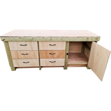 Wooden Eucalyptus hardwood top workbench, cabinet with lockable cupboard (V3) (H-90cm, D-70cm, L-240cm)