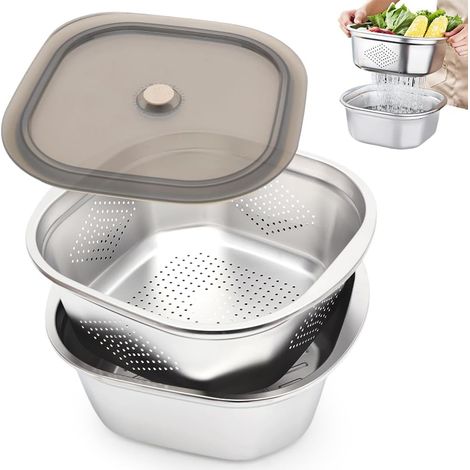 Passoire à pâtes en acier inoxydable avec bols et couvercle en acier inoxydable - Pour spaghetti, légumes, fruits, salade, 4600 ml, diamètre : 28 cm (1/5)