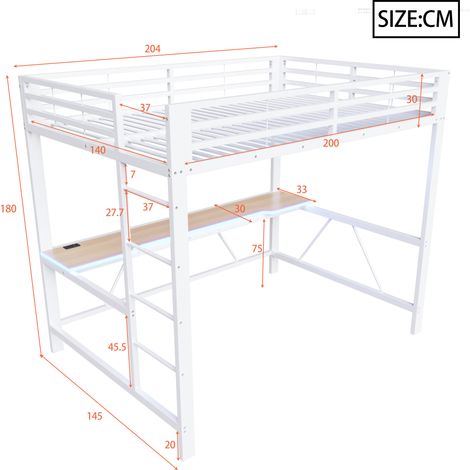 Lit Gaming Métal 140x200 cm avec LED, station de charge USB, bureau intégré, blanc, cadre surélevé pour chambre ado (1/5)