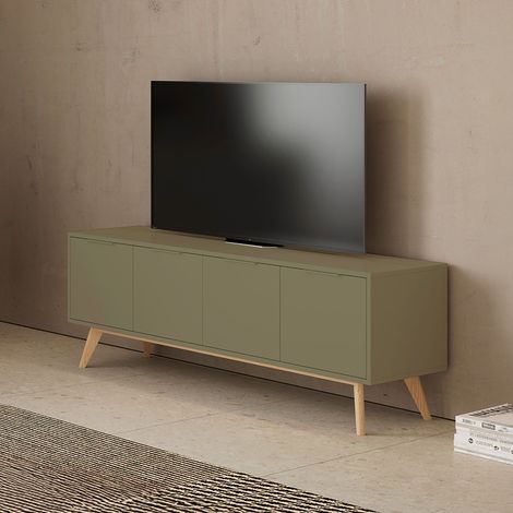 Meuble TV 4 portes 140x40x53 cm en pin kaki - KLIMEA