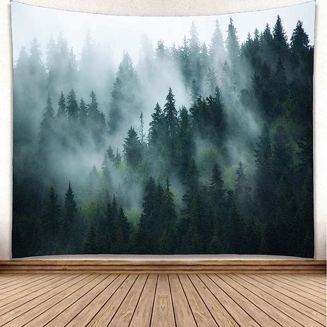 Tapisserie murale Forêt Verte, Tapisserie murale Forêt Brumeuse pour chambre, Paysage mural Forêt, Décoration murale pour salon 200x150cm (1/5)