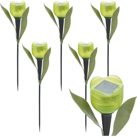 Lampes de jardin solaires à LED en forme de tulipe (lot de 6) — Éclairages décoratifs d'extérieur à piquer pour cours et jardins (vert) (1/4)