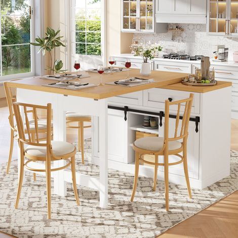 Îlot de cuisine pivotant à 360° avec portes coulissantes, table de bar avec rangement, 2 tiroirs et étagères réglables, blanc (1/5)