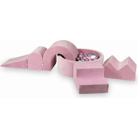 Aire de jeux en mousse avec piscine ronde 90x30 cm, rose velours doux + 5 éléments + 200 balles : transparentes, blanches, argentées, rose poudré (1/2)