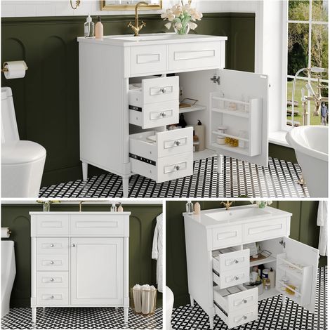Moderner Freistehender Waschbeckenunterschrank mit Waschbecken & 2 Schubladen, Badezimmerschrank mit Viel Stauraum, Hochwertiger Unterschrank fürs Bad, Weiß, 76.5×46.5×84 cm