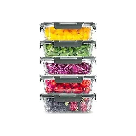 Bocaux de conservation - Boîtes de conservation alimentaire - Verre borosilicate étanche résistant à la chaleur jusqu'à 400 °C - Lot de 5 - Gris, idéal pour la préparation des repas au bureau (1/5)