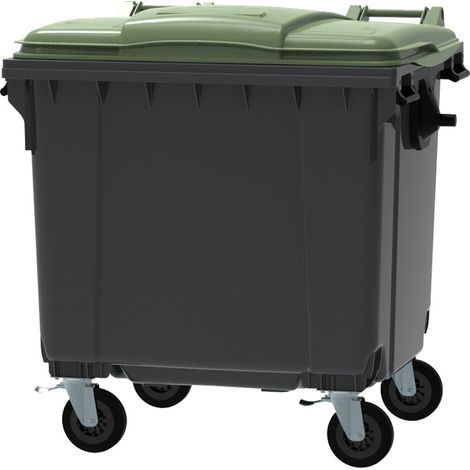ESE France Conteneur Poubelle à déchets 4 roues - 1100L - Robuste et Professionnel - 100% Recyclé - Gris avec Couvercle Vert (1/5)