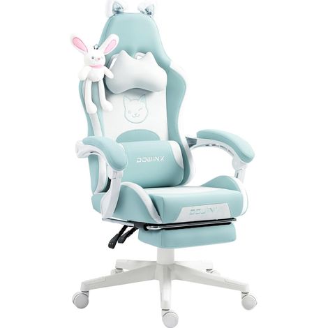 Dowinx Ergonomischer Gaming Stuhl "Niedliche Katze", PU-Leder, Fußstütze, Lendenstütze, Hohe Lehne, Blau, Bürostuhl