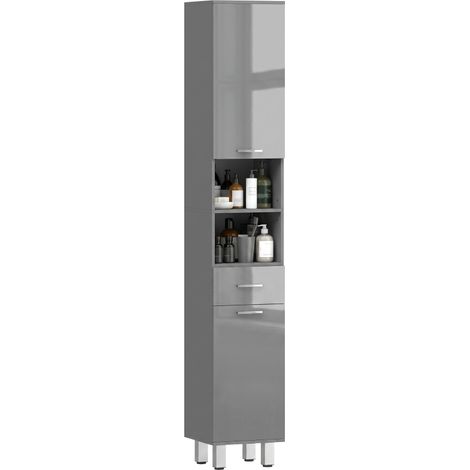 Armoire de salle de bain grise avec étagères et tiroir ajustable pour un rangement moderne et pratique (1/5)