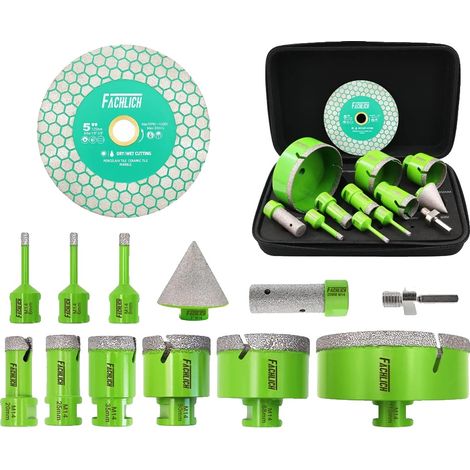 Juego de 12 brocas para coronas, diámetros de broca de 6 a 110 mm, diámetro del disco de corte de 125 mm, diámetro de la broca de dedos de 20 mm, diámetro de la broca de chaflán de 50 mm (1/5)
