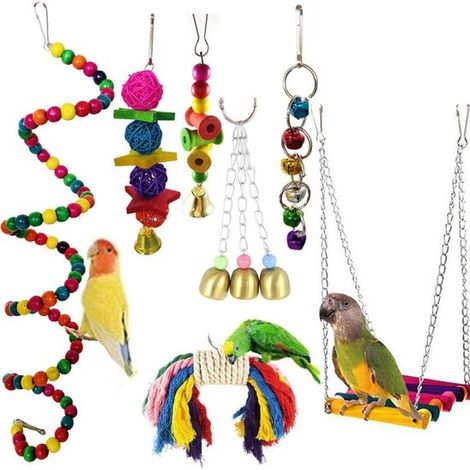 Jouets pour perroquets, balançoire suspendue 7 pièces, jouets à mâcher pour perruches de volière, perruches ondulées, calopsittes, aras et autres oiseaux. (1/5)