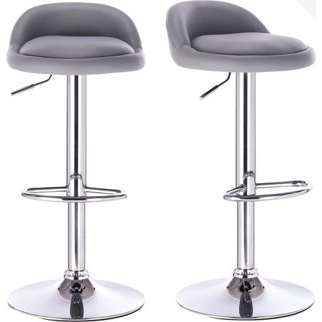 Ensemble de 2 tabourets de bar rembourrés en similicuir avec petit dossier, hauteur réglable et base pivotante à 360° chromée (blanc) (1/5)