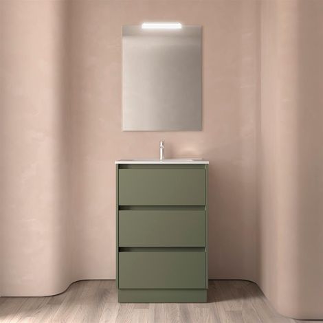 Ensemble complet Noja 600 3 tiroirs GREEN SATIN + meuble lavabo + miroir + lampe (1/4)