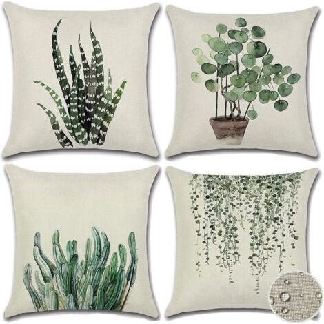 Outdoor Plant Pillowcases, Waterproof Decorative Cushion Cover, Set of 4 Green Indoor Outdoor Pillowcases (18 x 18 Inch) (1/4)