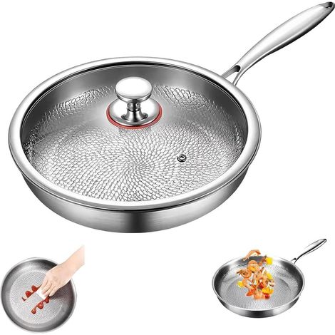 Sartén de titanio con tapa - Nueva sartén de titanio - Utensilios de cocina mejorados sin revestimiento - Ultra duraderos y resistentes a los arañazos - Resistentes a altas temperaturas (1/5)