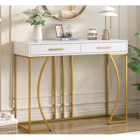 Modernluxe – Console 2 tiroirs MDF blanc et doré – Capacité de charge 60 kg – Pieds réglables – Design moderne (1/4)