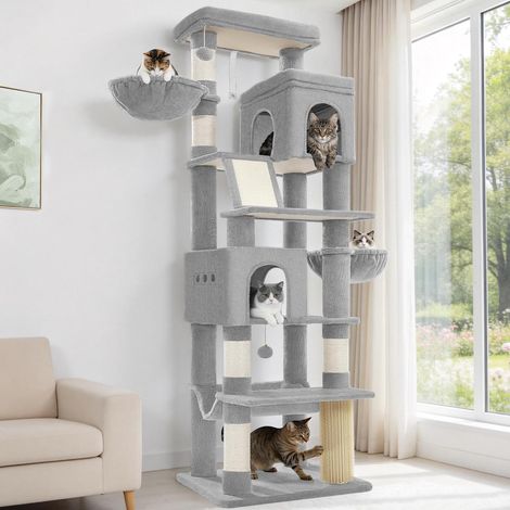 Arbre à Chat, XXL, 213 cm Haut, 2 Plateformes, 2 Niches, 5 Griffoir, Un Panier pour Chat, Un Hamac. Convient à Toutes Les Races de Chats, Notamment Le Maine Coon. Gris Clair