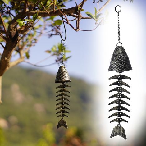 Campana de viento japonesa de hierro con diseño de espina de pescado, decoración retro para patio o jardín (plateada) (1/5)