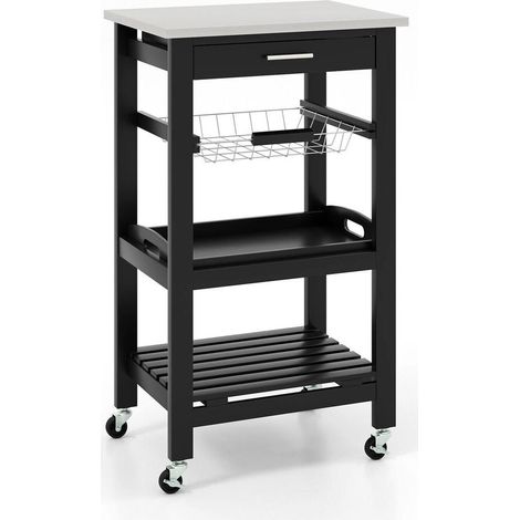 Optimiser l'Espace Meuble Desserte de Cuisine Mobile Noir Chariot Rangement 4 Niveaux avec Plateau Inox et Roulettes à Frein (1/5)