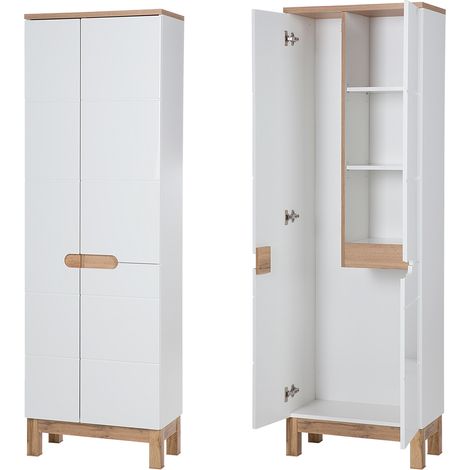 Hochschrank mit Staubsauger-/Wischerfach SOLNA-56 Hochglanz weiß mit Wotaneiche, B x H x T ca. 60 x 187 x 33cm (1/5)
