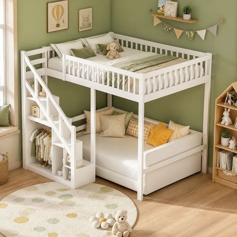 Lit superposé 90×200 cm, lit simple avec rangement, lit enfant avec échelle de rangement,armoire,lit mezzanine avec barrière de sécurité haute, sommier à lattes, Bois massif, Beige