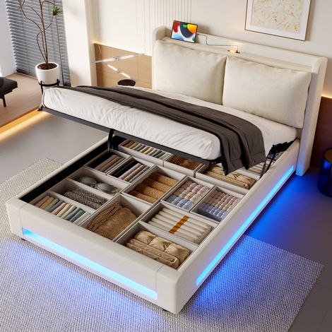 Letto matrimoniale per adulti 160×200cm, imbottito, con luci LED e USB, testiera spessa, base a doghe, sollevamento idraulico, vano contenitore sotto il letto, velluto beige