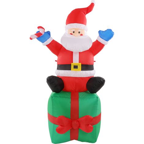 Père Noël gonflable de 180 cm (6 pieds) avec éclairage LED, décoration extérieure, assis sur une boîte cadeau, prise européenne 100-240 V. (1/5)