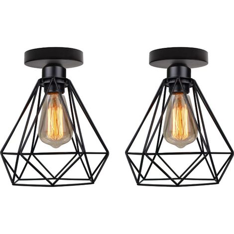 Lot de 2 Lustre Plafonnier Industriel Métal Suspension Luminaire Style Cage Géométrique E27 Mini Lampe de Plafond Vintage pour Couloir Entrée, Noir (1/3)