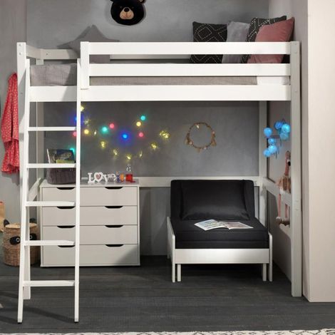 Pack - Lit Mezzanine Enfant, Commode & Fauteuil-Lit "Pino II" Blanc