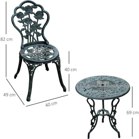 Outsunny Ensemble bistro 3 pièces : mobilier de jardin aluminium moulé, vert antique, pour balcon et terrasse
