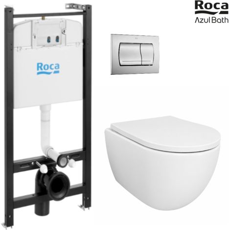 Pack Bastidor ROCA Active Cisterna Empotrada y Pulsador Cromo Mate + Inodoro Suspendido SWISS 53 cm Tornado y Soft-Close