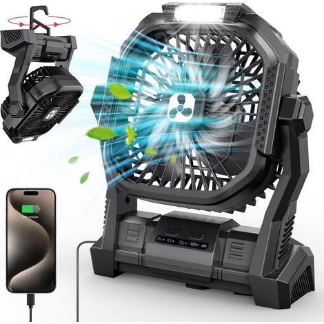 Ventilateur à piles, ventilateur portable sans fil rechargeable 20000 mAh, batterie USB-C, ventilateur de camping/voyage, ventilateur de plage, noir. (1/5)