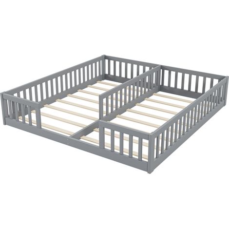 Letto per bambini 90 x 200 cm con barriera e rete a doghe, legno di pino e MDF, grigio