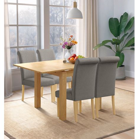 Hallowood Furniture Waverly Extendable Dining Table and Chairs Set 4, Light Oak Small Extending Kitchen Table and Grey Roll Top Linen Fabric Dining Chairs, Modern Furniture Set for Home or Café (1/5)