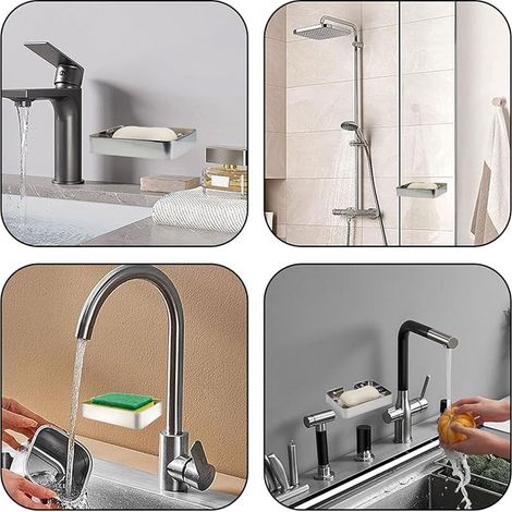 Portasapone - Accessori per il bagno - Portasapone sospeso - Montaggio a parete - Portasapone con gocciolatoio - Acciaio inox - Argento - 13,5 x 9,5 x 2,5 cm (1/4)