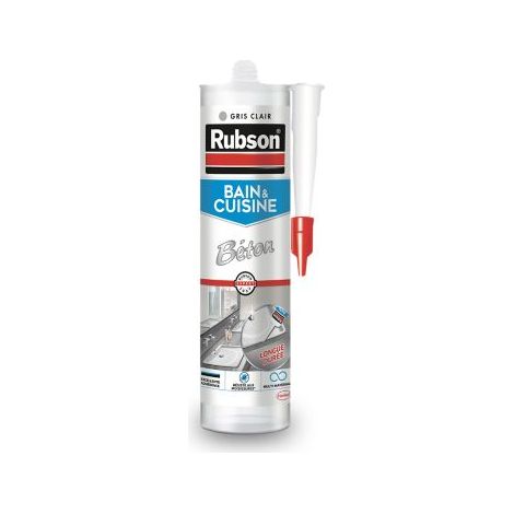 Rubson Mastic Bain & Cuisine Couleur Béton, Joint silicone multi-matériaux renforcé en antifongiques, mastic sanitaire coloré, souple & étanche, Cartouche de 280 ml (1/5)